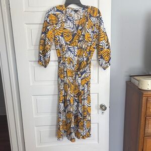 Talbots Yellow and Blue Leaf Print Long Sleeve Dress